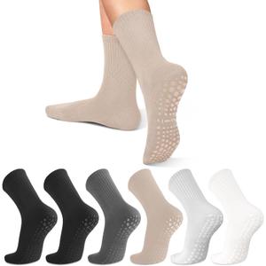 6 Pairs Pilates Socks with Grips for Women-Non-Slip Yoga Socks for Ballet Dance Barefoot Workout Pregnant Crew Socks (One Size, 001-6 Pack 2black/Dark Gray/Beige/Light Gray/White)