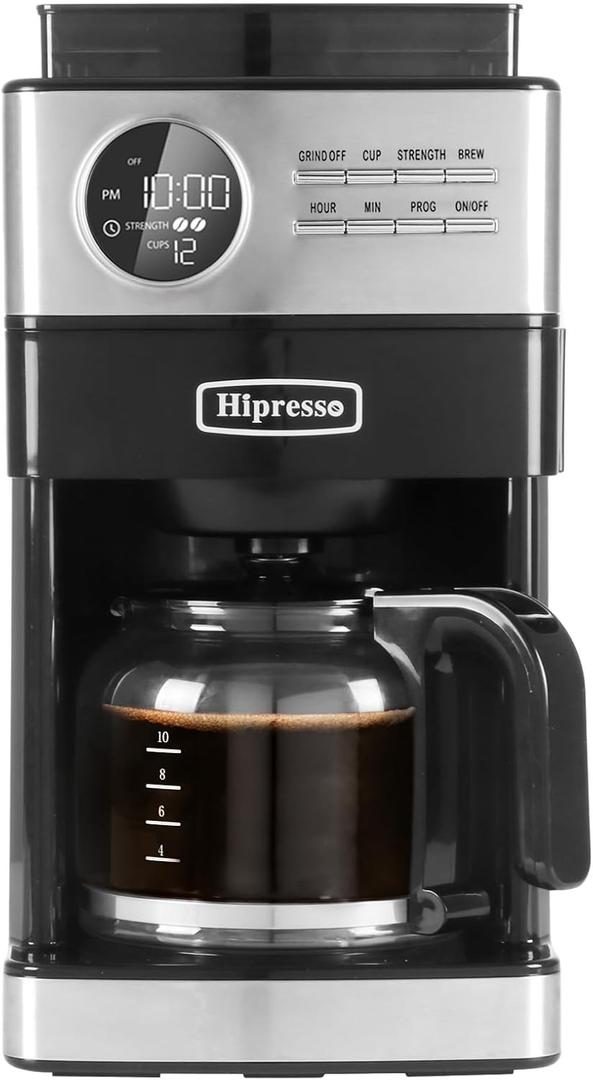 Programmable Drip Coffee Maker with Burr Grinder,12 Cups,Black/Stainless Steel with Water Filter