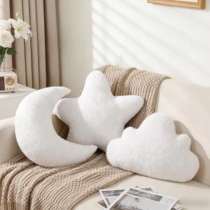 Cumule 3 Pcs Cloud Moon Star Throw Pillows 16 Inch White Soft Plush Pillow White Boho Nursery Decor for Couch Bed Sofa, Kids Room & Bedroom Aesthetic Decor
