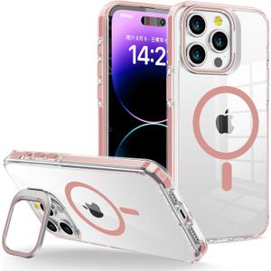 for iPhone 11 Pro Max Case Clear with Kickstand and Screen Protector - Wireless Charging Compatible,21ft Military-Grade Drop TestedShockproof Slim Fit Magnetic Crystal Cover - Pink