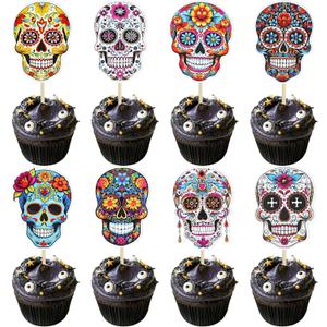 Ephlyn 32Pcs Halloween Skull Cupcake Toppers DIY Skull Cake Picks Halloween Horror Skull Cupcake Picks for Halloween Theme Baby Shower Party Cake Supplies Decoration