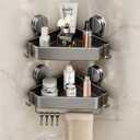 Suction Cup Shower Caddy Corner, 2 Pack Suction Corner Shower Shelves No Drilling, Rustproof Shower Organizer Suction Cup with Towel Holder & Hooks Removable Bathroom Storage Rack (Gray)