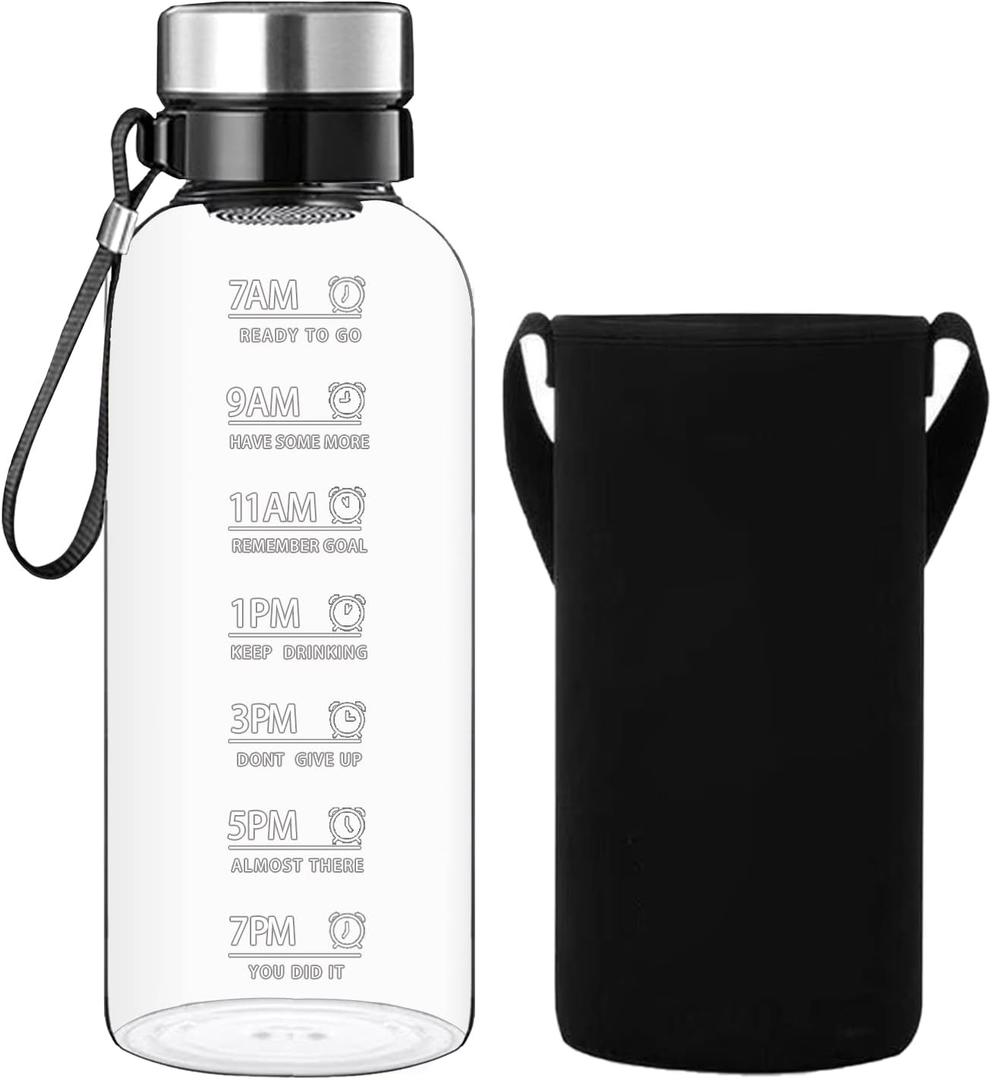 64 OZ Glass Water Bottle - Large Resuable Borosilicate Wide Mouth Glass Drinking Bottles With Time Mark, Sleeve, BPA Free (Filter Lid)