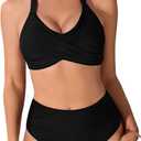 Women's Two Piece Swimsuits Full Coverage Bikini Set Tummy Control Bathing Suit Push Up V Neck Twist Front Swim Suits (Large, Black)