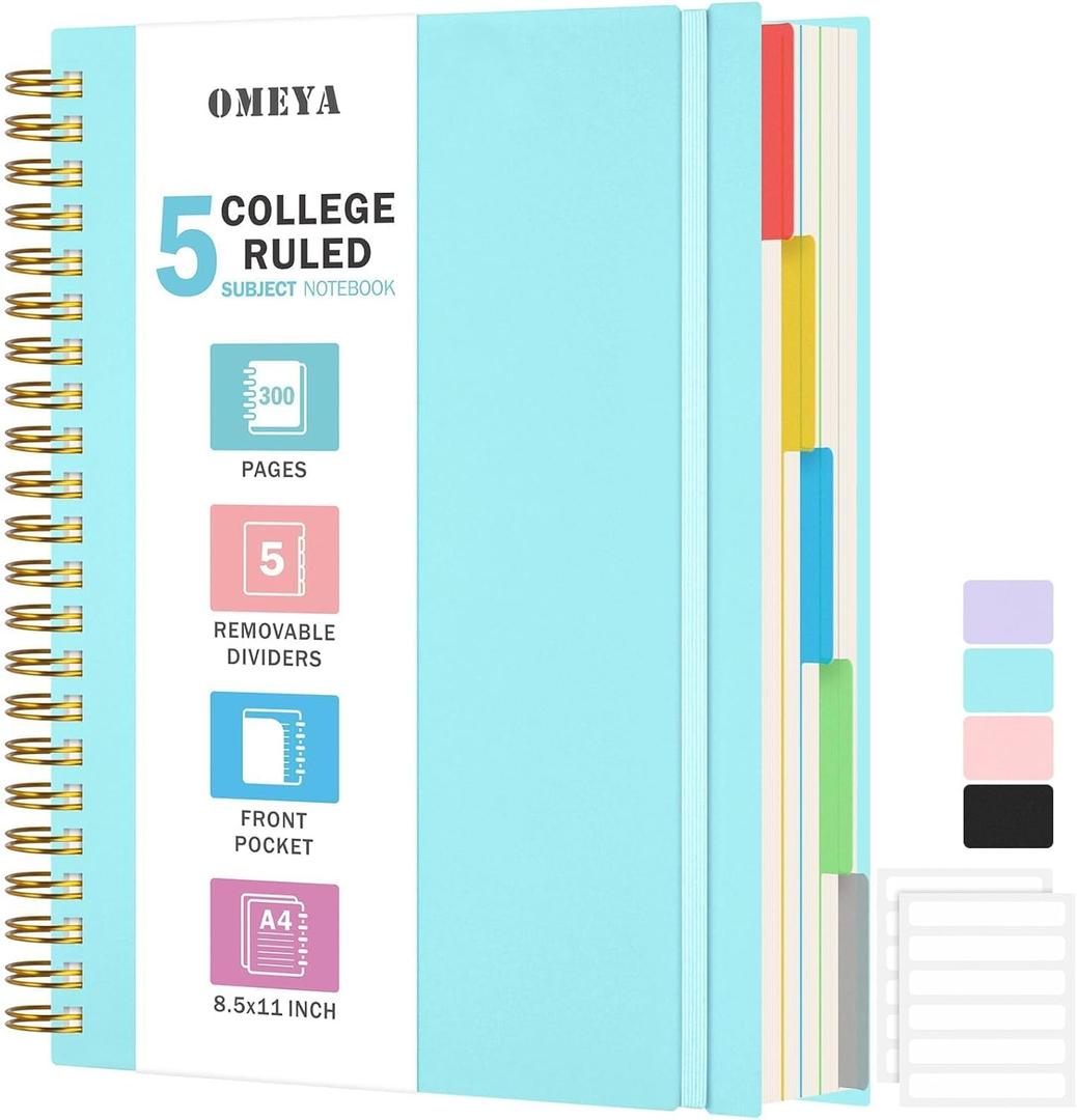 Spiral Notebook 8.5" x 11", 5 Subject Notebooks College Ruled with Removable Dividers, 300 Pages 100GSM Thick Spiral Writing Journal for Women & Men, Large A4 Lined Journal Notebooks for Work, School (Blue)