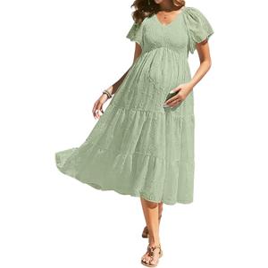 Maternity Dress for Baby Shower - 2025 Photoshoot Pregnancy Summer Midi Casual Flutter Sleeve Dress, Large 