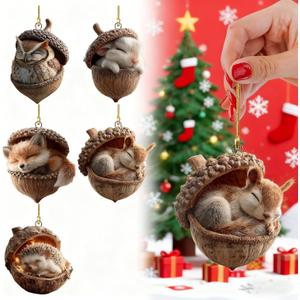 5 Piece 2D Flat Design Forest Animal Christmas Ornaments, Acrylic Woodland Creatures, Pine Cone and Acorn Hanging Decorations for Home