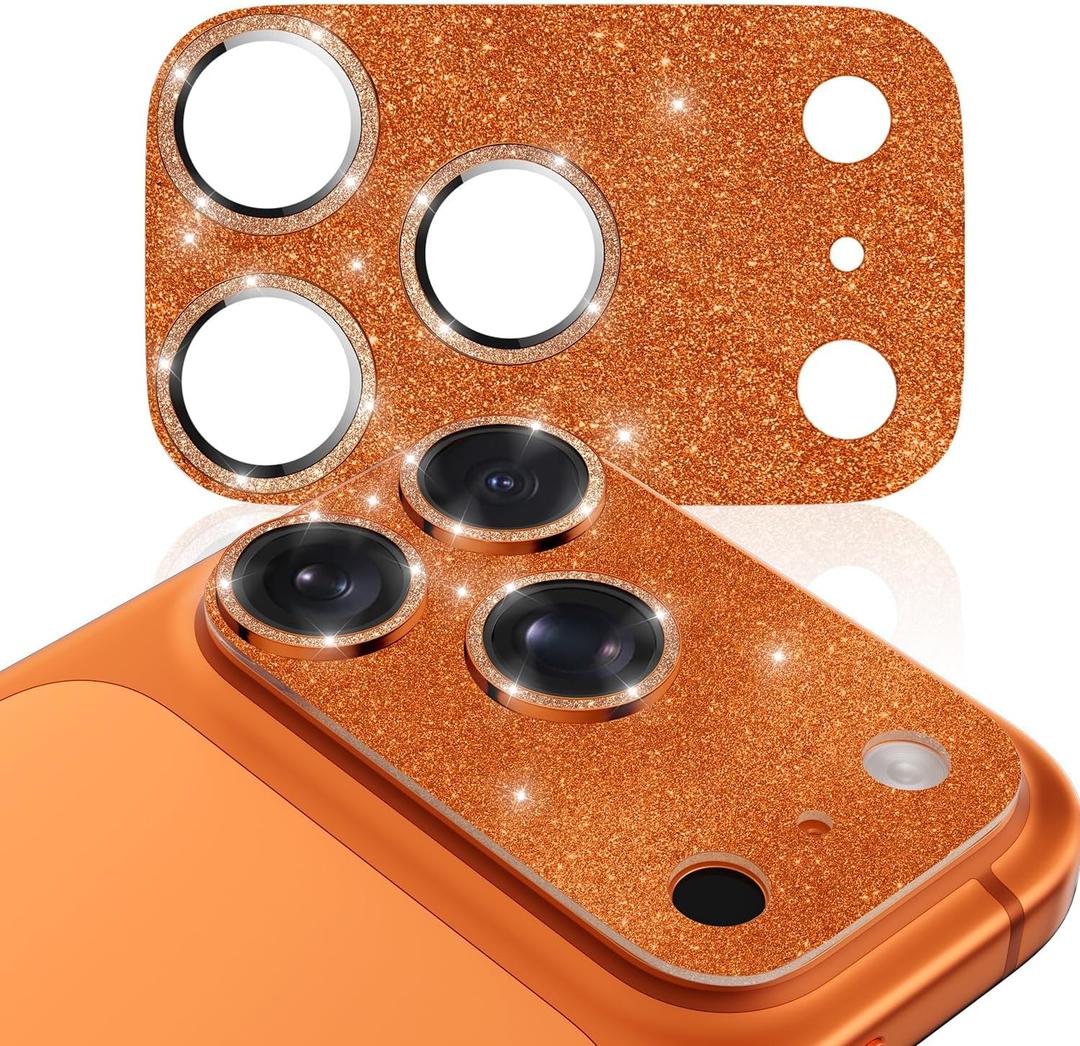 CloudValley for iPhone 17 Pro Max Camera Lens Protector Glitter - Bling Camera Cover with 9H [Anti-Scratch & Easy Install], Metal Ring Decoration Accessories, Glitter Cosmic Orange