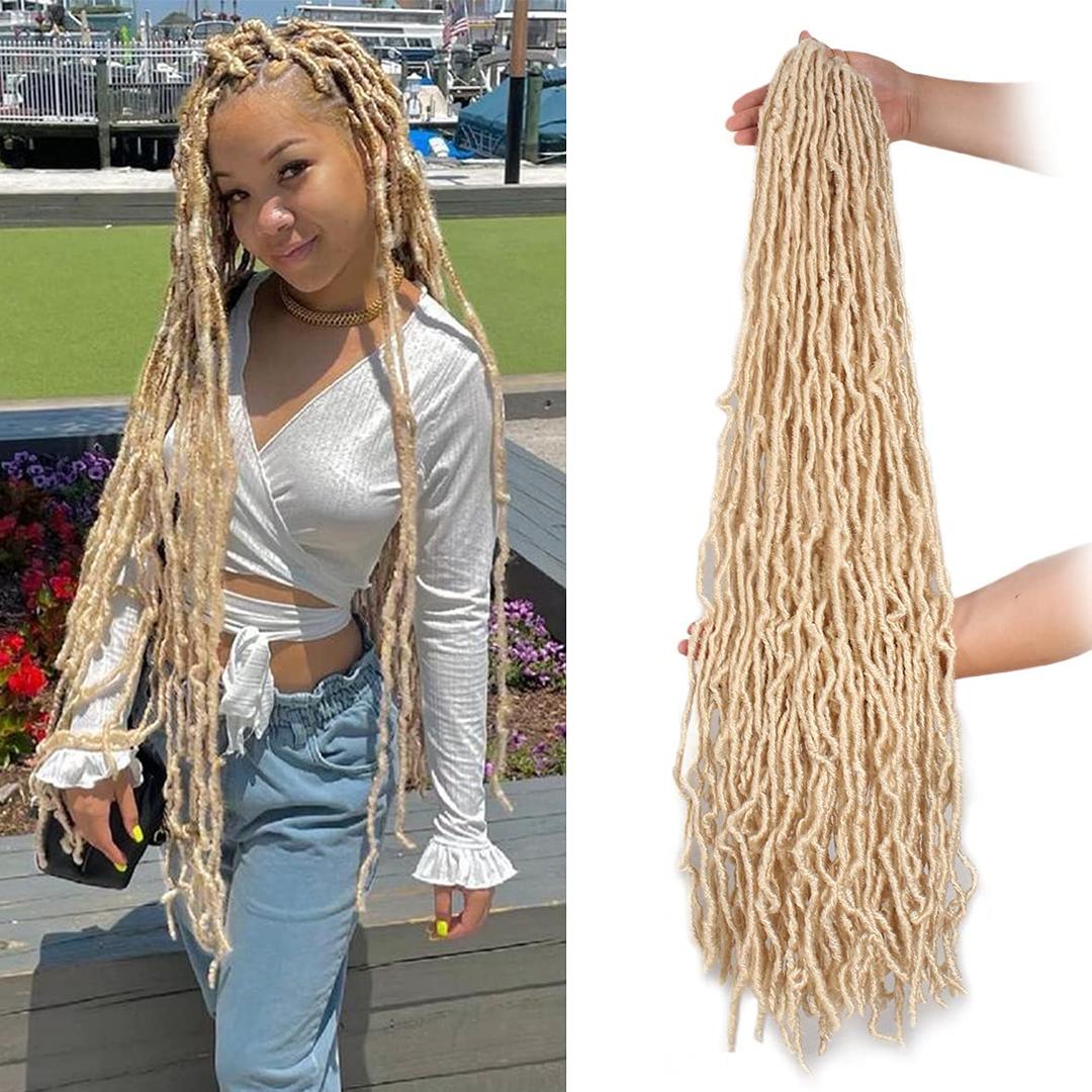 Leeven 30 Inch Blonde Natural Butterfly Soft Locs Distressed New Faux Locs Crochet Braids 1 Pack Pre Looped Long Goddess Locs Curly Afro Roots Synthetic Hair Extensions for Women #613