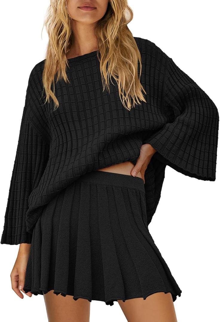 SENSERISE Womens Sweater Skirt Set 2 Piece Outfits Oversized Long Sleeve Pullover Top Ribbed Knit Lounge Dresses (Medium, Black)