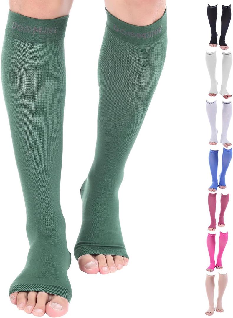 Doc Miller Open Toe Compression Socks, 20-30 mmHg, Toeless, Support Circulation, Shin Splints, Calf Recovery, Post Op, Knee High, Medical Grade, Dark Green Socks, Large Size for Men & Women, Pair
