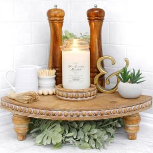 Farmhouse Corner Shelf Stand [with Removable Feet] - Bathroom Countertop Organizer, Decorative Tray Riser, Beaded Wooden Tray, Corner Tray Plant Stand, Coffee Bar Organizer for Kitchen Countertop