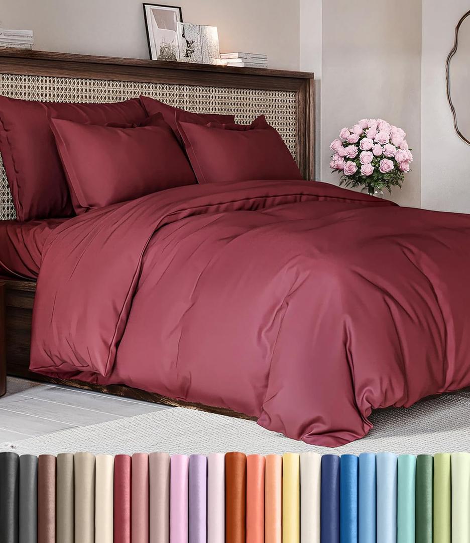 Duvet Cover Queen Size Set - Extra Soft Queen Duvet Cover 90" x 90" with 2 Pillow Shams - Hotel Luxury, Easy Care & Fade Free w/ Zipper Closures & Ties - All Season, Comfy and Breathable (Burgundy)