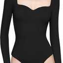 PUMIEY Women's Sweetheart Neck Long Sleeve Bodysuit Slimming Body Suit Going Out Tops Smoke Cloud Pro Collection (Large, Jet Black)