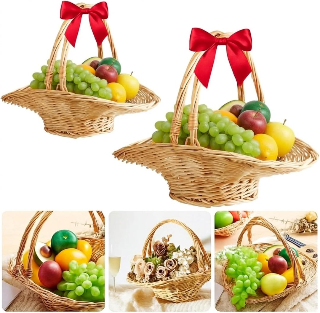 Marsui 2 Pcs Wicker Rattan Basket with Double Drop Down Handles, Christmas Wicker Woven Flower Gift Basket Storage Harvest Hamper for Garden Vegetables, Picnic, Home Decor Organizing, 15 & 13 Inch