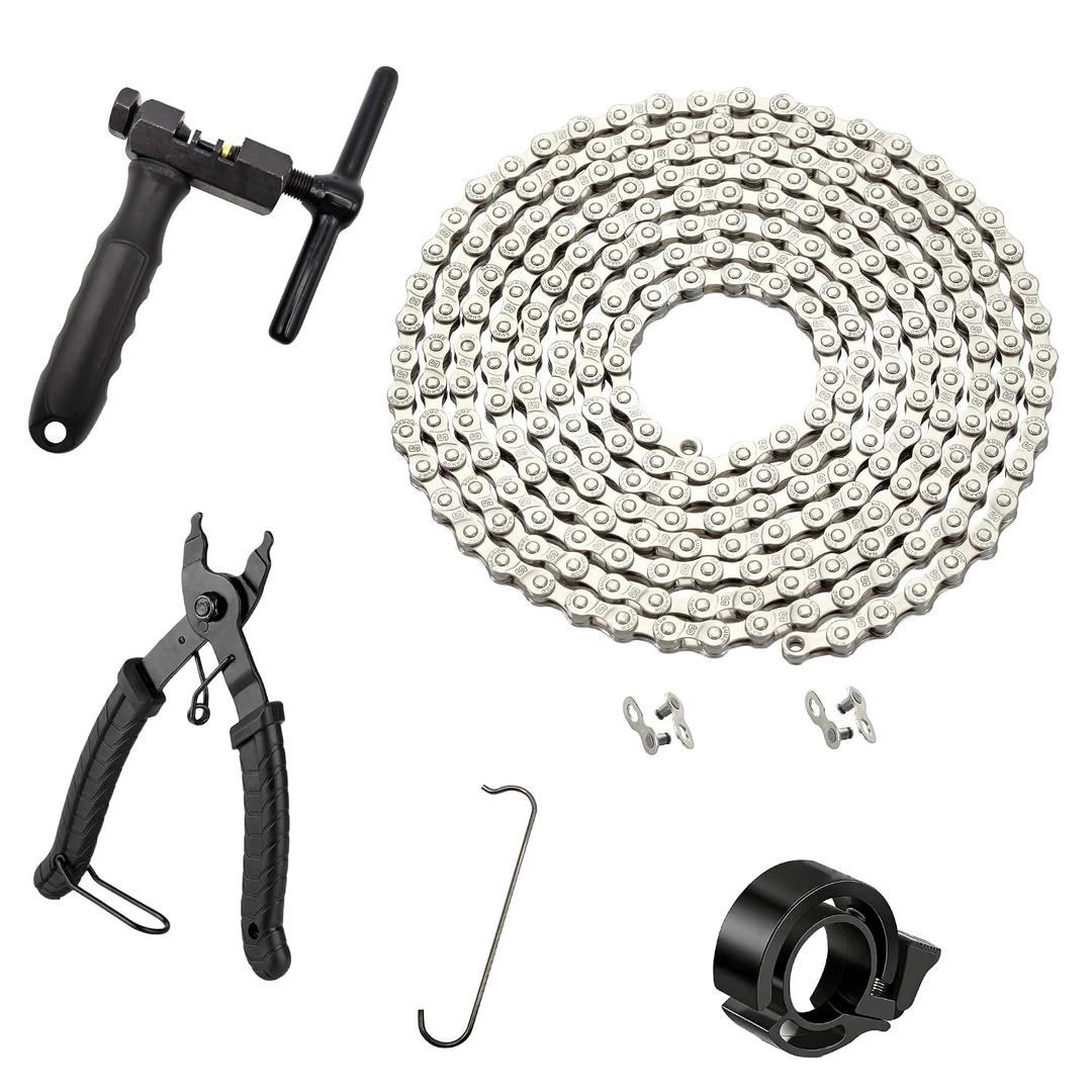 Bike Chain Kit 6/7/8 Speed 126 Links, Bike Chain Tool & Bicycle Bell, Chain Bike Replacement Kit for Hub Motor E-Bike, Mountain & Road Bikes