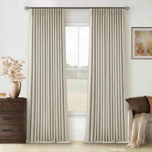 Light Beige Pinch Pleated 100% Blackout Linen Bedroom Curtains 96 Inch Length Double Layer Pleat Curtains Ring Hooks Back Tab Black Out Room Darkening Drapes 96 Inches Long Living Room Oatmeal