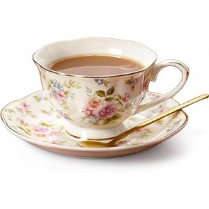 8 oz Vintage flower Ceramic cup and 6" Saucer Set With Brand customized Stainless Steel Spoon Gifts for Afternoon Tea Coffee Hour (H)