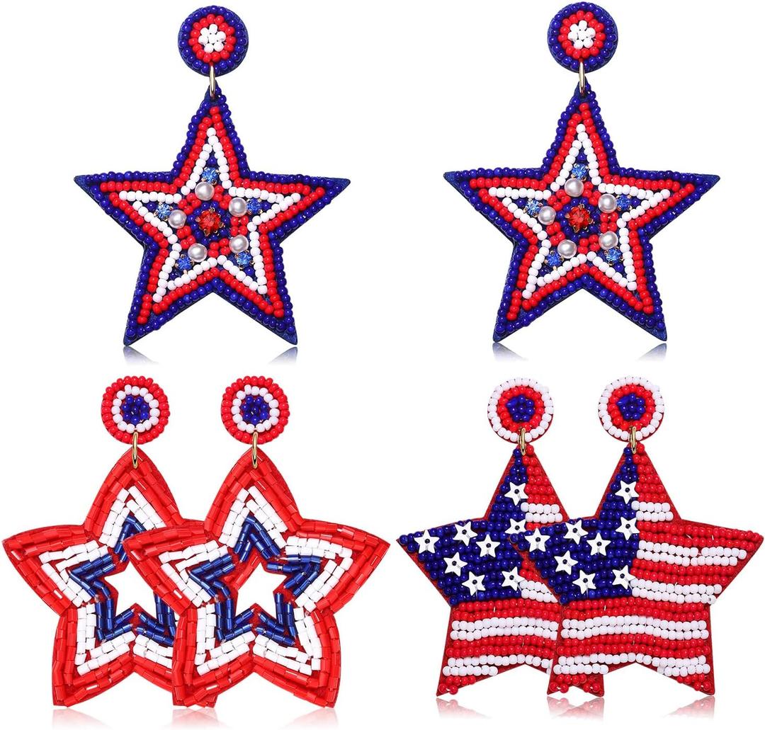 4th of July Earrings, Beaded American Flag Patriotic Earrings for Women, Handmade Letter USA Star Heart Dangle Earrings American Independence Day 4th of July Accessories