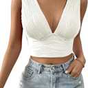 SweatyRocks Women's Solid Deep V Neck Backless Crop Top Sleeveless Slim Fit Textured Tank Top Summer (White)