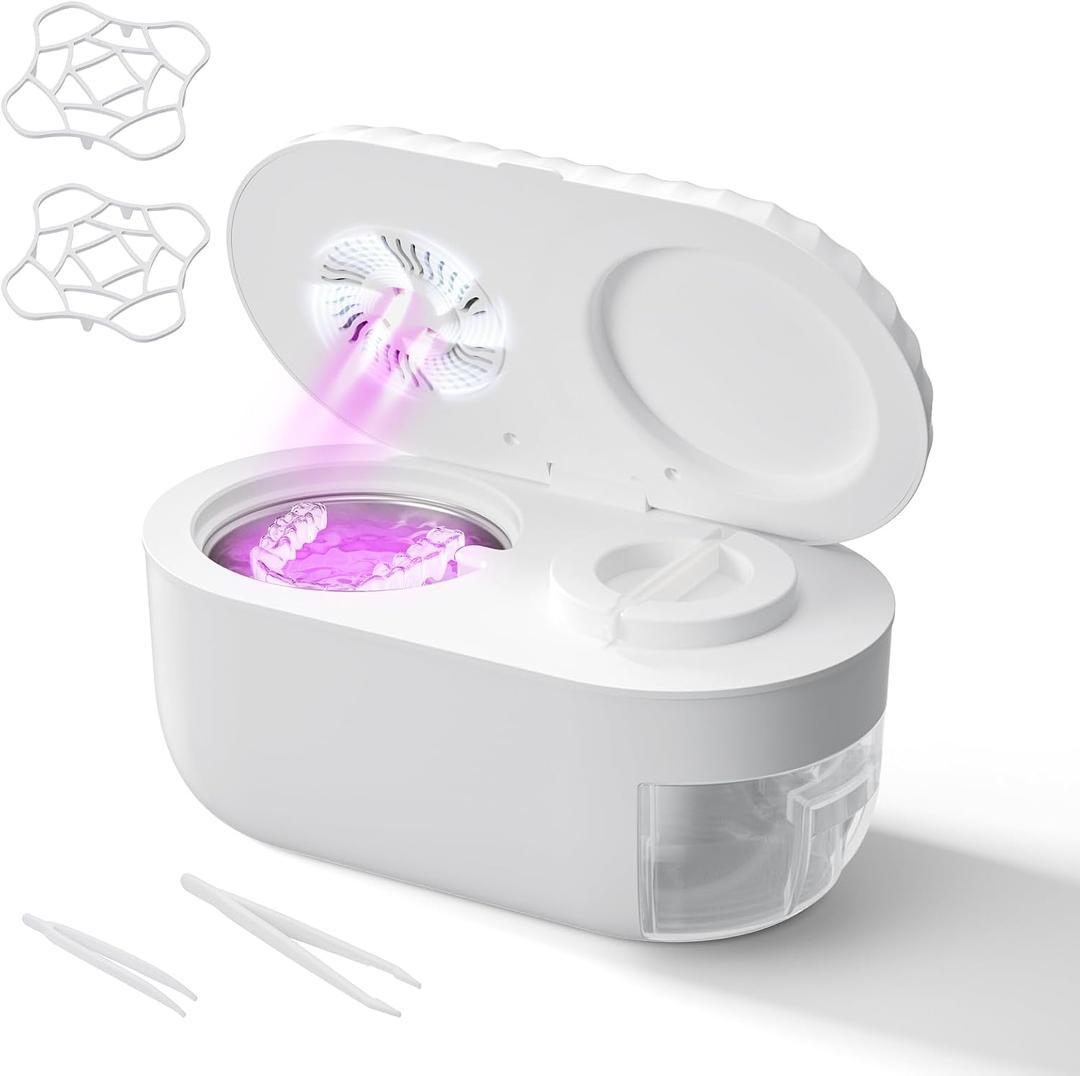 Ultrasonic Denture Cleaner with Automatic Clean, Drain & Dry, 45kHz Retainer and Night Guard Cleaning Machine with Built-in Drainage Chamber, Low-Noise Design for Aligners, Braces & Dental Appliances