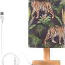 SPRIPORT Jungle Tigers Bedside Table Lamp for Bedroom Nightstand Lamp with Wood Base & Round Flaxen Fabric Shade Desk Reading Lamp for Living Room Home Office Dorm Working Reading