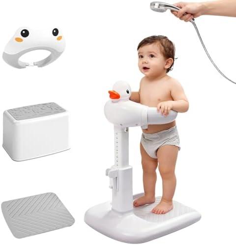 Adjustable Baby Shower Stand Support - Safety & Non-Slip Baby Bath Stand, Toddler Shower Stand for Infants 6-36 Months, Standing Bathtub Max 55 Lbs Capacity, Includes Shower Cap and Stool(Grey)