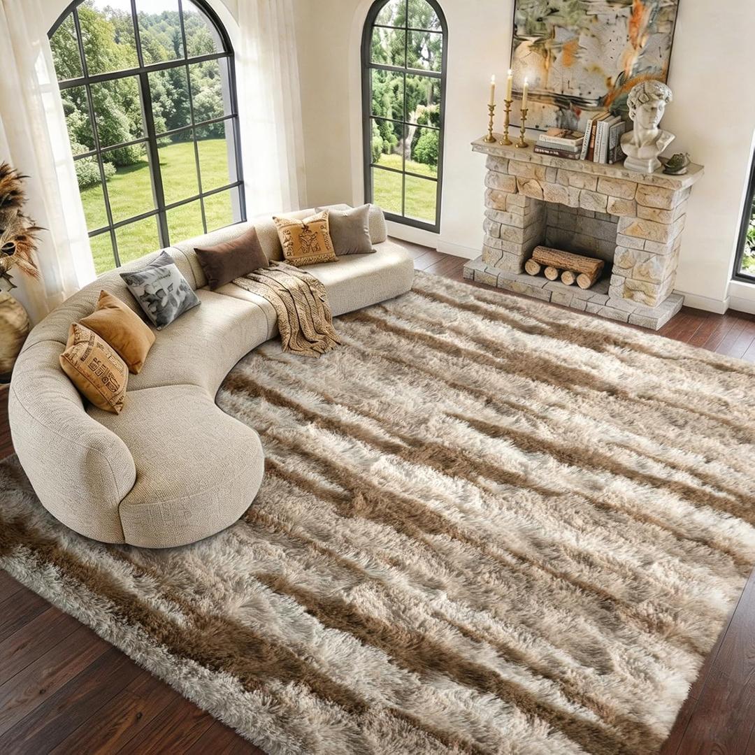 9x12 Extra Large Fluffy Area Rugs Non-Slip for Living Room Tie-Dyed Khaki