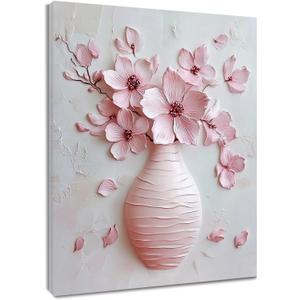 LB Pink Floral Wall Art for Bathroom Garden Plant Pink Cherry Blossom Flower Canvas Wall Art Wall Paintings Home Decor Vintage Wall Pictures for Living Room Bedroom Office Ready To Hang,16x20 Inch
