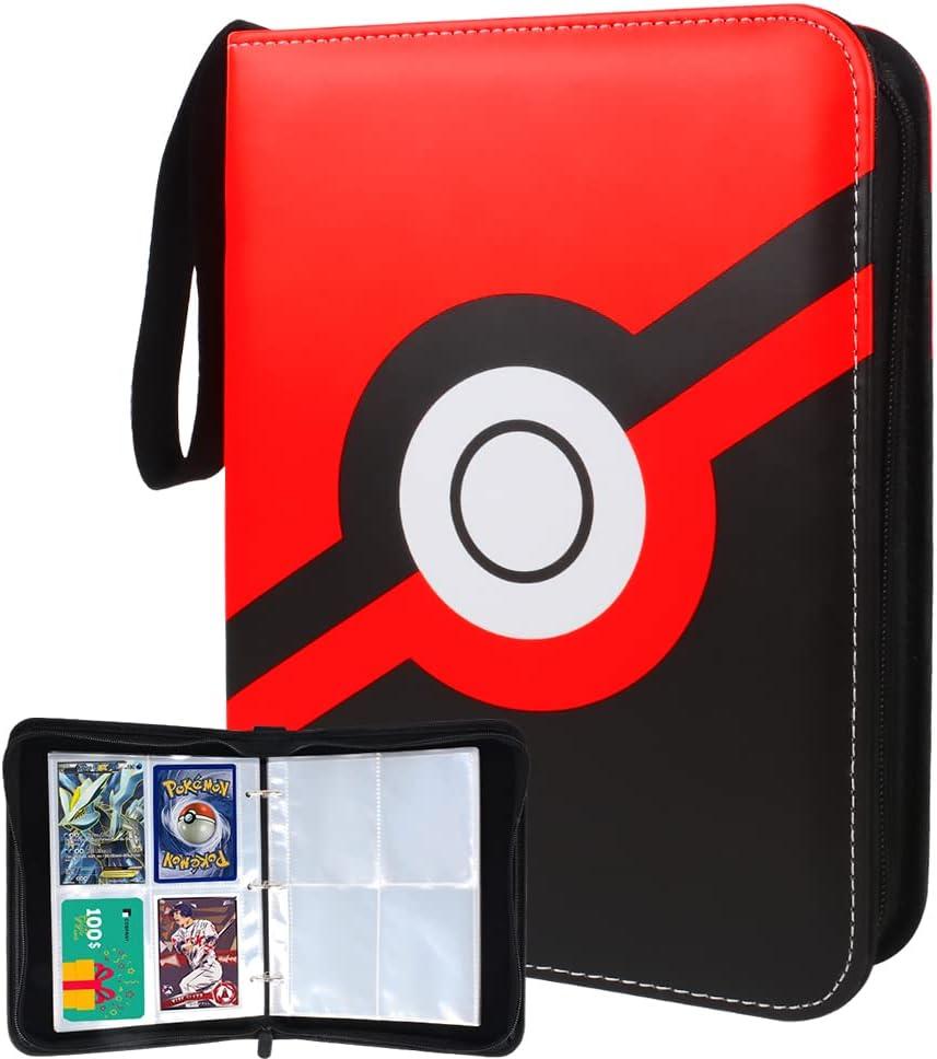 Card Binder 13"x10.5"x1.8", PU Leather Zipper Case with Handle, 9 Pocket Double Sided Pages, Holds 900 Cards, Red White Design, 3 Ring Binder with Velvet Liner for Collectible Cards
