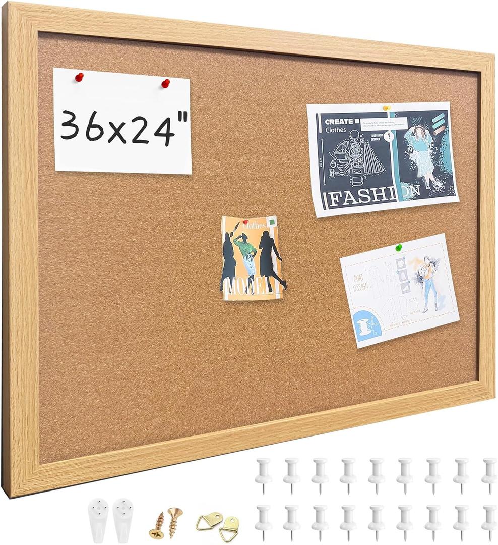 Cork Bulletin Board, 36x24 Inches Hanging Cork Board Wooden Framed with Pins for Wall, Dorm Room, Office, Home Decor  Natural Cork & Black Frame (Crude)