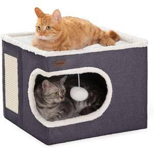 Garnpet Cat Bed for Indoor Cats Cube House, Covered Cat Cave Beds & Furniture with Scratch Pad and Hideaway Tent, Cute Modern Cat Condo for Multi Small Pet Large Kitten Kitty, Dark Grey, Size: 16.5"D x 16.5"W x 13"H