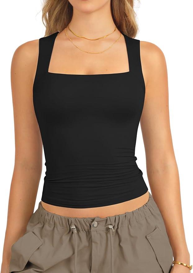 ATHMILE Tank Tops for Women Square Neck Sleeveless Double-Layer Tank Tops Basic Tight T Shirts L