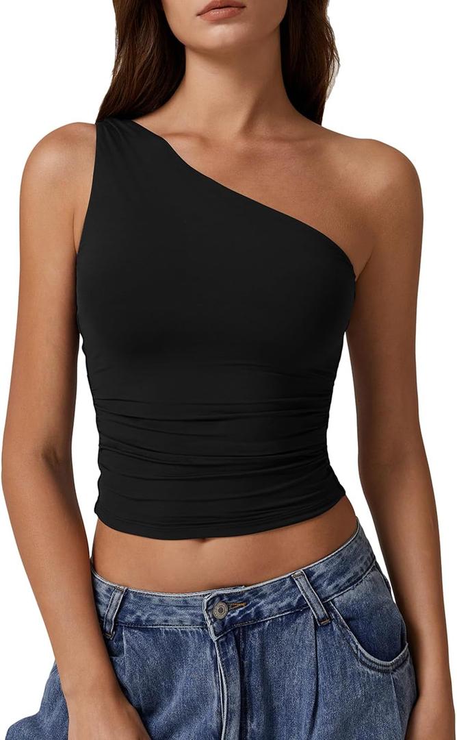 QINSEN Women's One Shoulder Tank Tops Double Lined Sleeveless Slim Fit Cropped Tee Shirt Y2k Tops (Medium, Black)