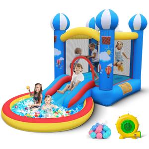 Culaluva Inflatable Bounce House: 4 in 1 Bouncy Castle with Ball Pit & Slide for Kids Age 3-6 with 370 Watt Blower and Storage Bag for Indoor Outdoor Play Oxford Cloth