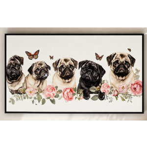 Spring Pug Dog Canvas Art Wall Decor for Living Room, Big Large Window Potted Plant Puppy, 5Ft  X 30Inc, With Dents