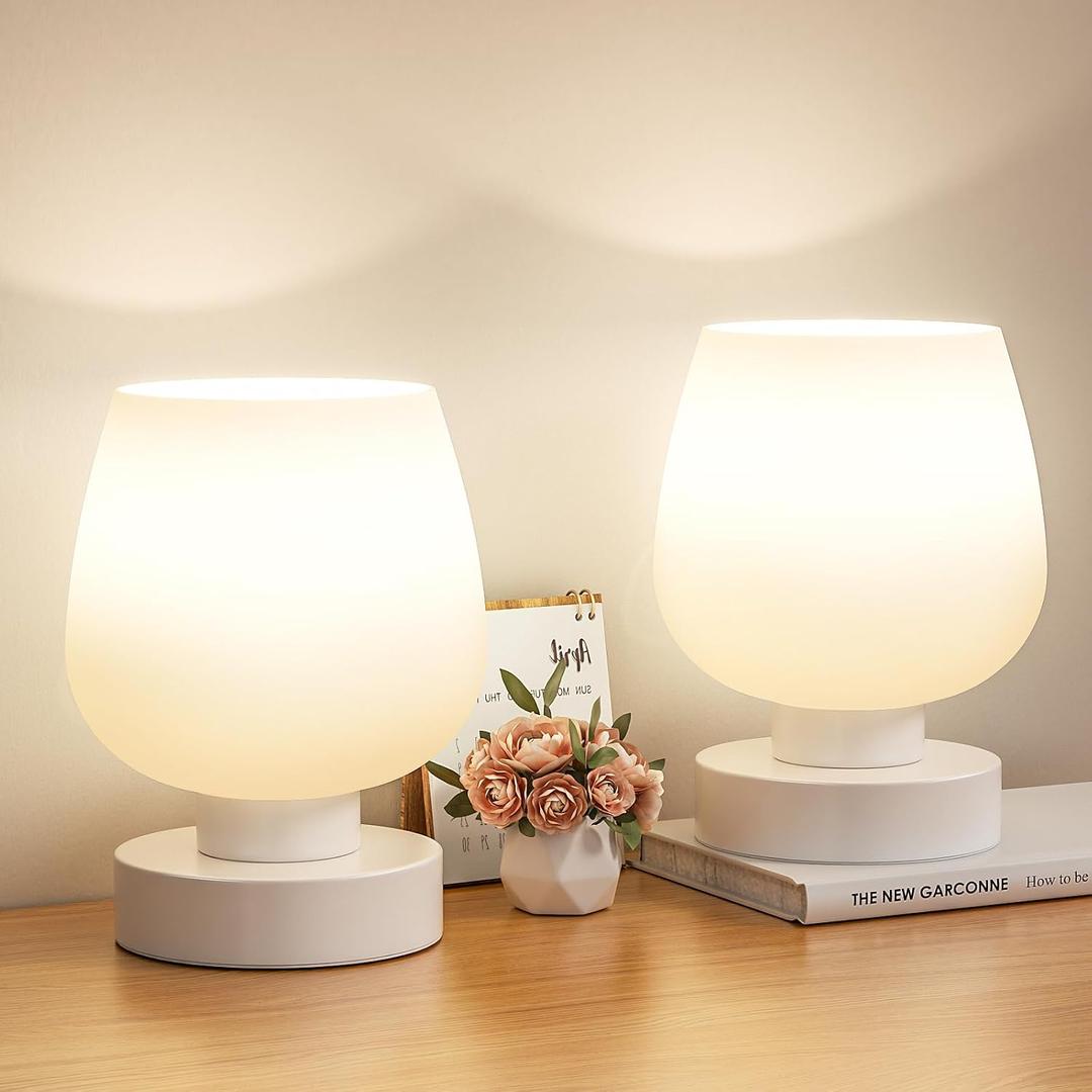 Seealle Touch Bedside Table Lamp Set of 2 - Small Bedside Lamp for Bedroom Living Room Night Stands, Desk Lamp with White Glass Shade for Small Spaces, 3 Way Dimmable, LED Bulbs, Gifts