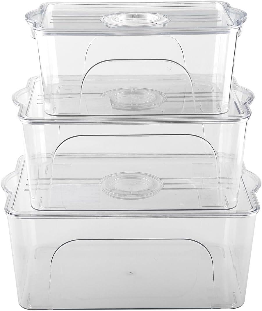 Food Storage Containers with Lids - Clear Plastic Stackable Storage Bins with Date Recorder for Fridge, Freezer, Kitchen Cabinet, Pantry Organization (Set of 3)