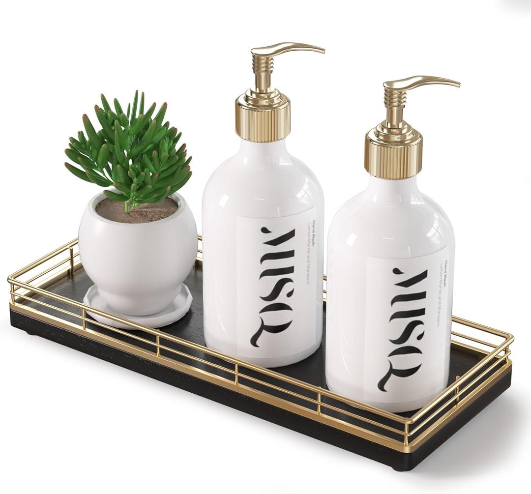 Wooden Decorative Tray, Oak 11.2" L Coffee Table Tray for Kitchen Countertop Soap Sponge Holder Candle Nightstand Table Centerpieces for Dining Room Decor Black Gold (11" x 4.3" x 1.5")