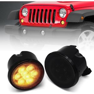 Turn Signal Lights Smoked Lens for Jeep Wrangler 2007-2018 JK JKU Amber LED Front Blinkers Grill Indicator Parking Lamp (Honycomb Style)