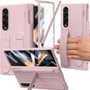 for Samsung Galaxy Z Fold 3 Case with S Pen Holder & Slim Stylus, Fold3 Hand Strap Case with Kickstand Hinge Protection Screen Protector Wristband Hand Grip Cover for Z Fold 3 Pink