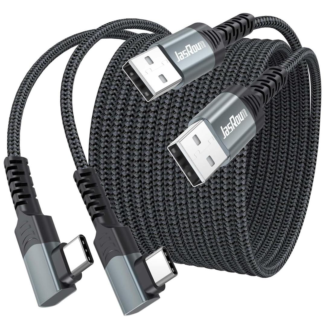 USB to USB C Cable 10ft Right Angle, 3A Fast Charging 90 Degree Long Type C 2.0 Data Transfer Cord Braided for Switch, Steam Deck, iPhone 17/16/15, Galaxy Andriod Phone, MacBook Pro/Air, Tablet-2 Pack