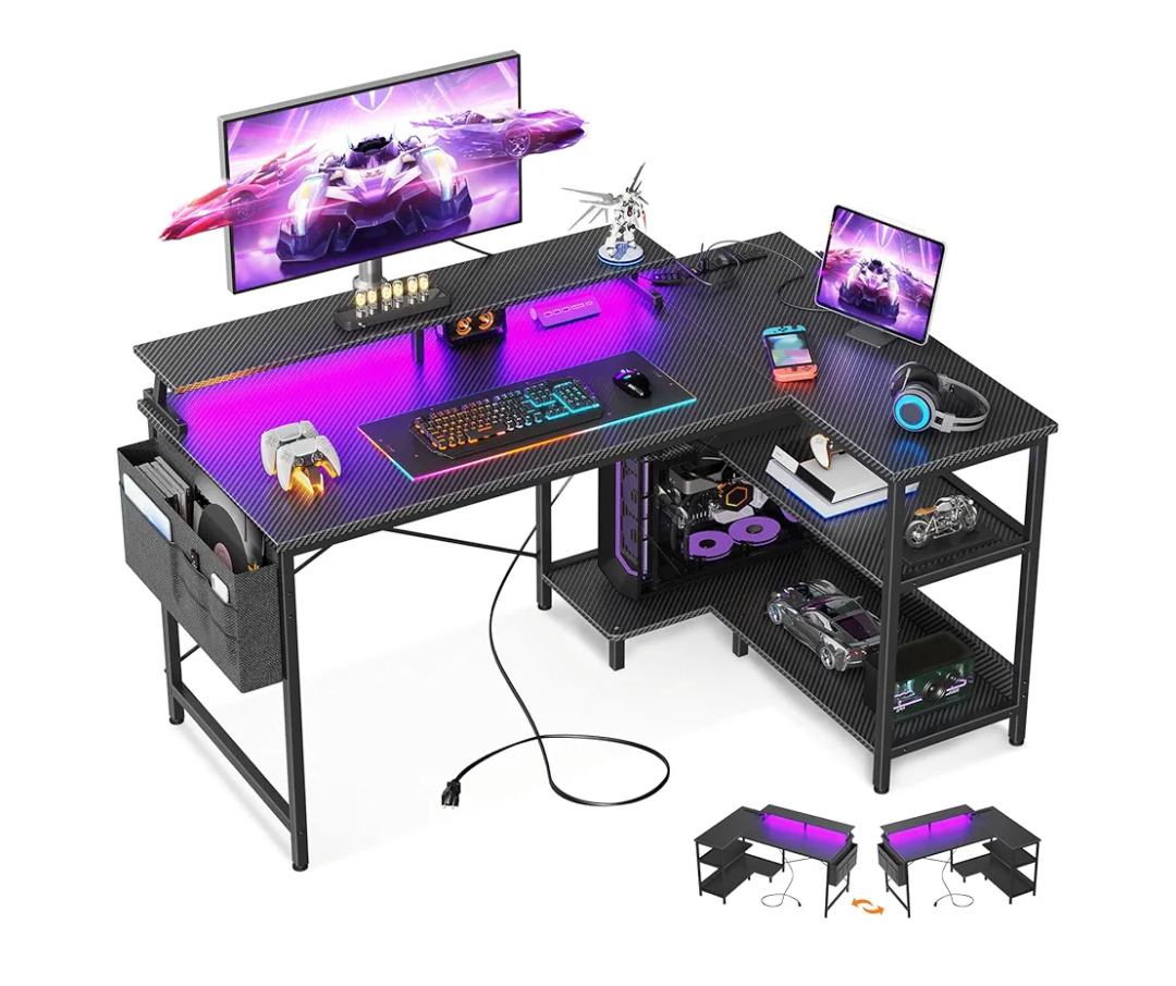 ODK 48 Inch Gaming Desk with USB Charging Ports and LED Lights, Reversible L Shaped Computer Desk with Storage Shelves & Monitor Stand, Corner Gamer Desk Table with Power Outlets, Black