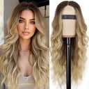 AISI HAIR Blonde Wig for Women, Long Wavy Lace Hairline Blond Synthetic Middle Part Ombre Blonde Wigs for Daily Party-26 Inch