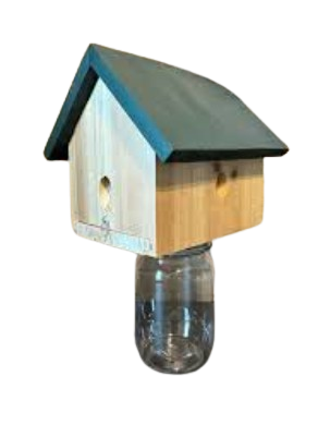 Bird / Wildlife Accessories for Birds, Wooden Hanging Burd Feedr with a Jar Dispenser, House-Shaped. Suitable for Small Birds Such as Hummingbirds, Chickadees and Sparrows, 1 Piece