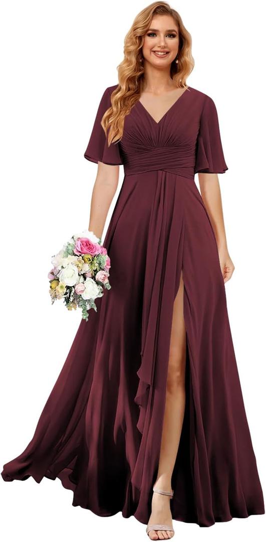 Noras dress Women's V Neck Plum Bridesmaid Dresses Long with Slit Simple Flutter Sleeve A Line Formal Evening Maxi Dresses for Party 14