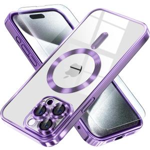 Misea Magnetic for iPhone 15 Pro Max Case with MagSafe [Never Yellowing] [Military Grade Drop Protection] Full Camera Lens Protector Plating Soft Clear Phone Case for Women Girls, Purple