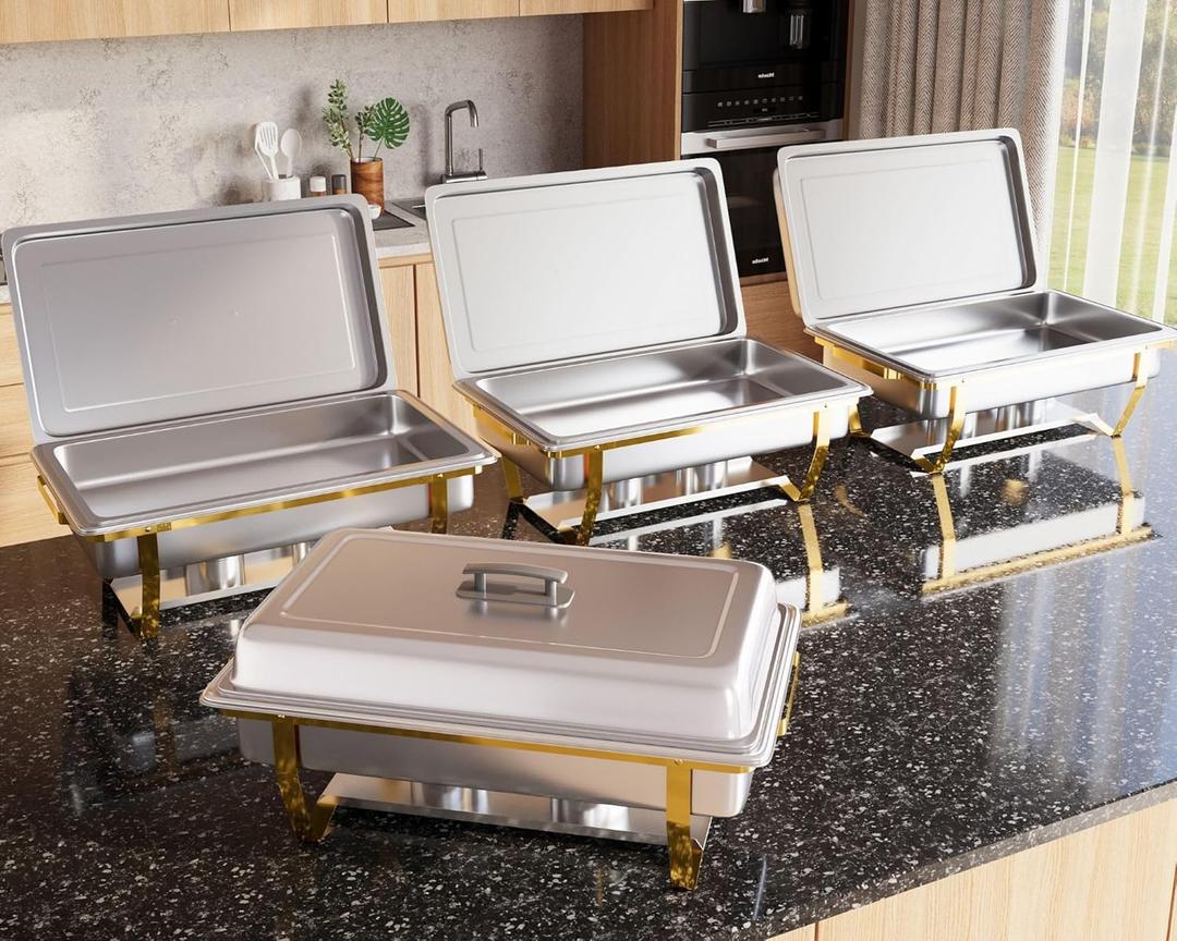 4 Pack 8QT Chafing Dish Full Set  Stainless Steel Catering Chafer with Lids, Pans & Fuel Holders  Buffet Food Warmers for Parties, Events & Weddings  Gold Frame