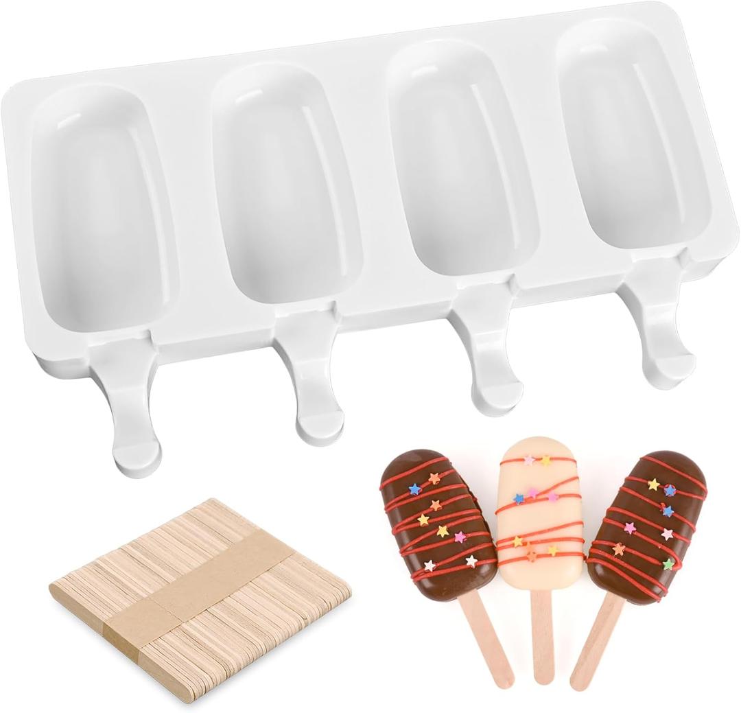SAKOLLA Popsicle Silicone Mold, 4 Cavities Ice Pop Molds, Ice Cream Mold Oval Cake Molds with 50 Wooden Sticks (Large)