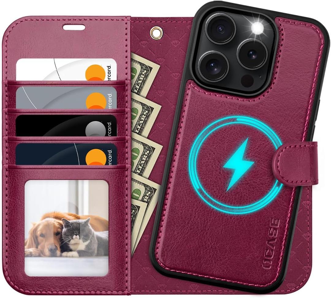 OCASE for iPhone 16 Pro Max Case Detachable Wallet Case with Card Holder, 2 in 1 Pu Leather Flip Folio with RFID Blocking Stand Wrist Strap Shockproof Phone Cover 6.9 Inch 2024, Burgundy